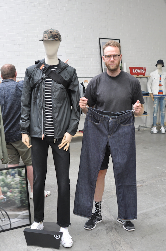 Levi’s Brand Account Specialist, Skate/Commuter & Equity Products, Phil Brown. The mannequin is wearing the Black windbreaker from the Commuter collection and Phil has their 511 jean, their best selling fit. The jacket is packable and has reflectivity for safety when cycling at night, as does the hem of the 511.