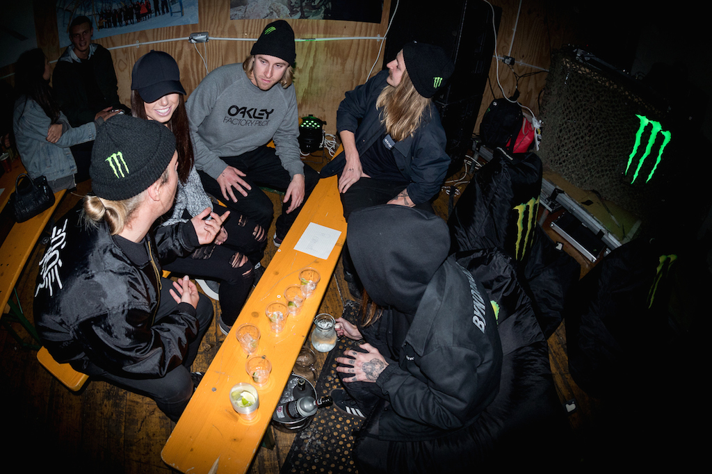 Hugh Thomas (Monster Energy), Sage’s girlfriend, Sage Kotsenburg, Halldor Helgason, Kevin Backstrom getting deep before the premieres