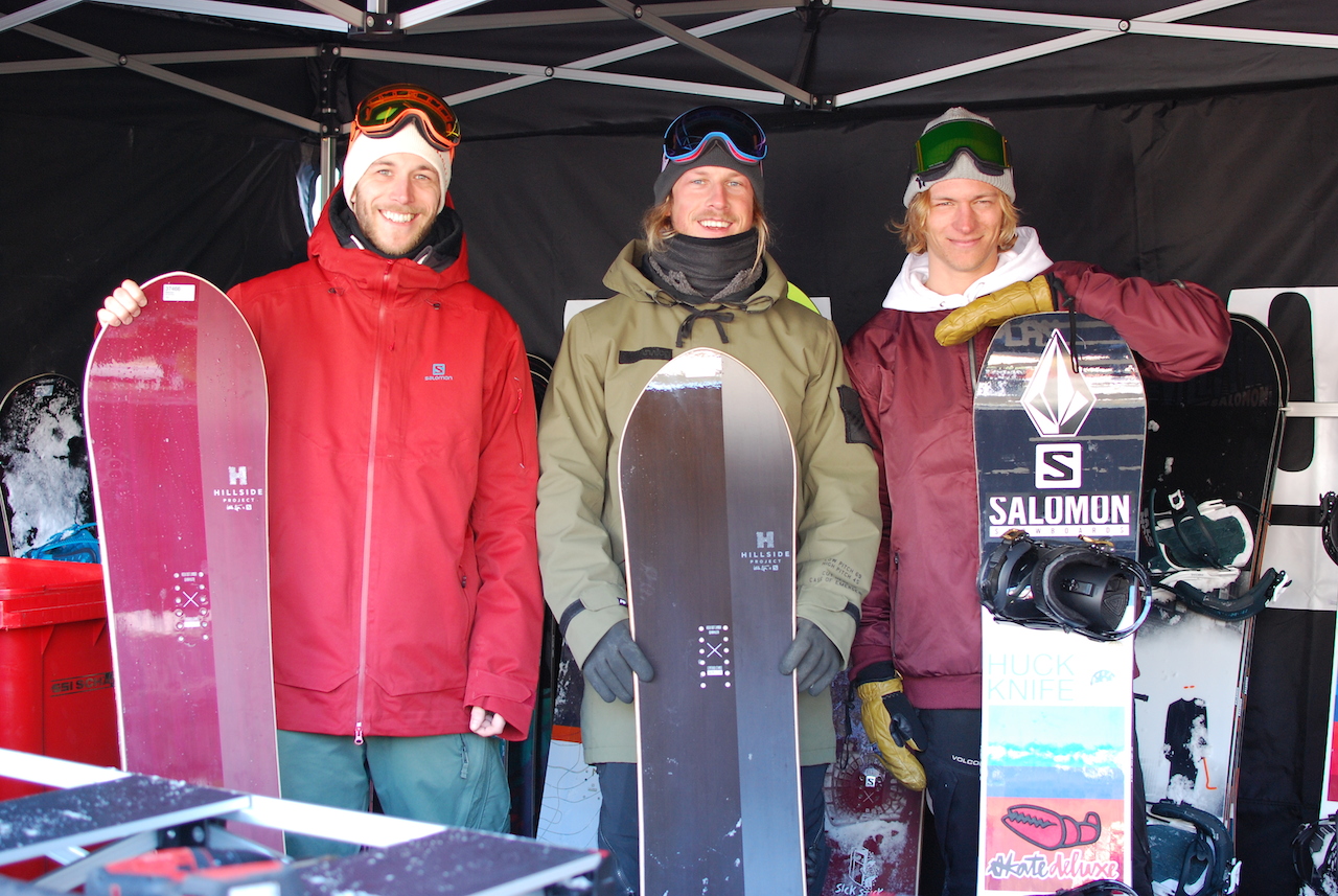 36 Salomon’s Product Trainer Karl Feldbaumer with the Hillside Sickstick freeride stick, Sales AT Matti Puster and Team Rider Flo Corzelius with his very own Huck Knife