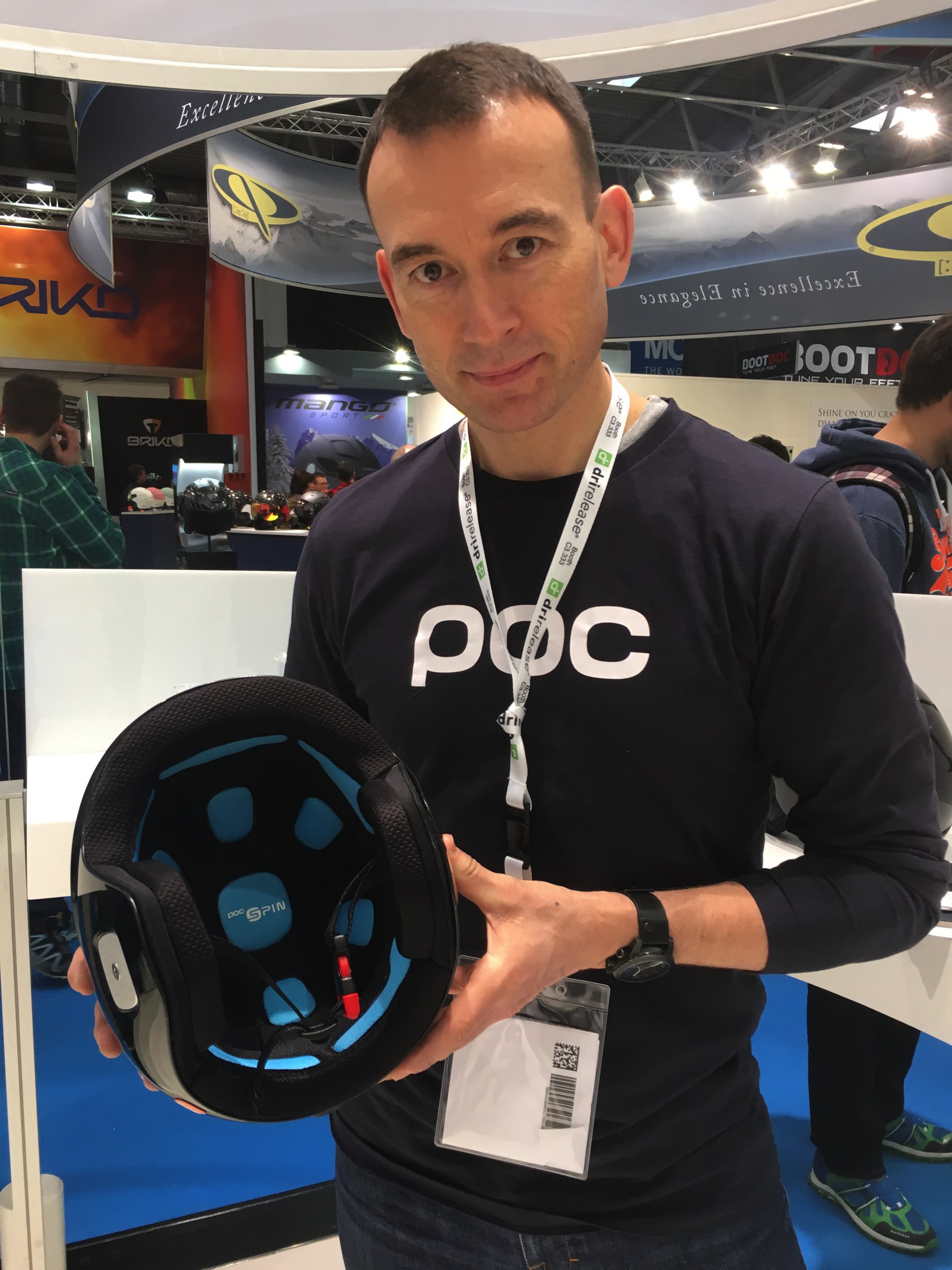 14 POC Head of Global PR Damian Philipps showing us their new SPIN system that protects against oblique impact forces through the helmet pads