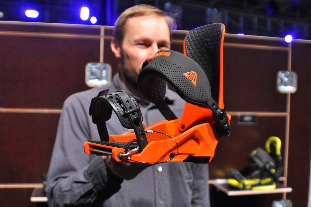 Union’s Joni Mäkinen with their Expedition binding, a splitboard binding that looks like a regular binder