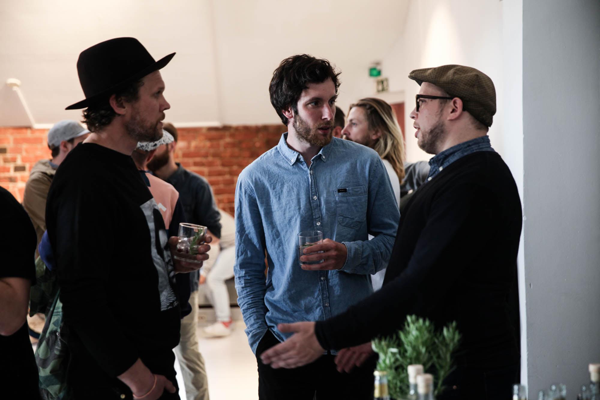 Hannes Bengs from Pure Waste textiles and Jascha Mursin from Mosaic distribution getting introduced to Napue Gin drinks from our friends at Kyrö Distillery.