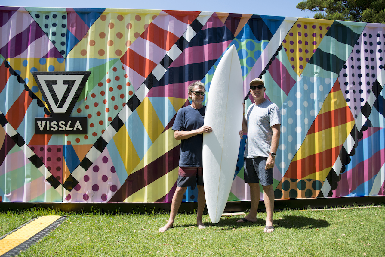 Derek O’Neill and legendary Australian surfer shaper Wayne Lynch at the Vissla Sydney Surf Pro in Manly Beach Australia