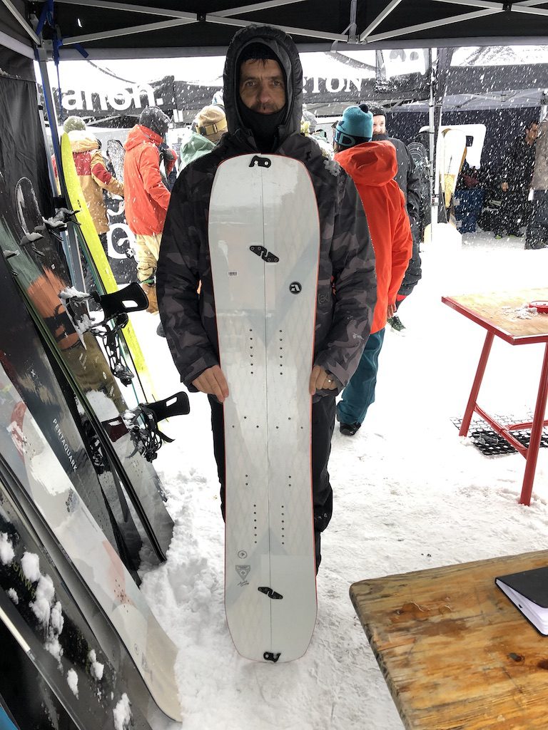 Amplid’s Peter Bauer with their lower pricepoint splitboard, the Tour Operatror.