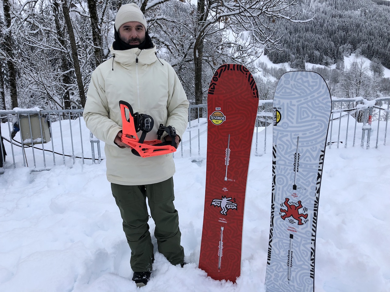 Burton’s Dan Chrichton shows their Cartel Est binding, and the Deep Thinker & Free Thinker boards – art courtesy of the Keith Haring foundation.