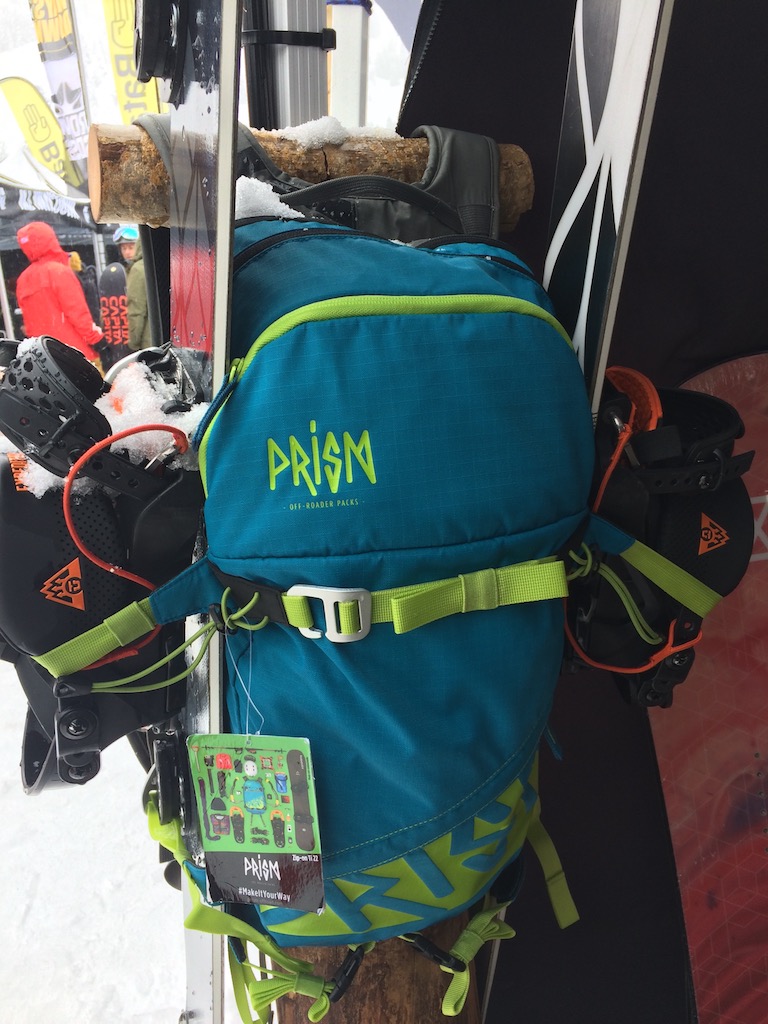 Prism’s backpack set up to carry a splitboard