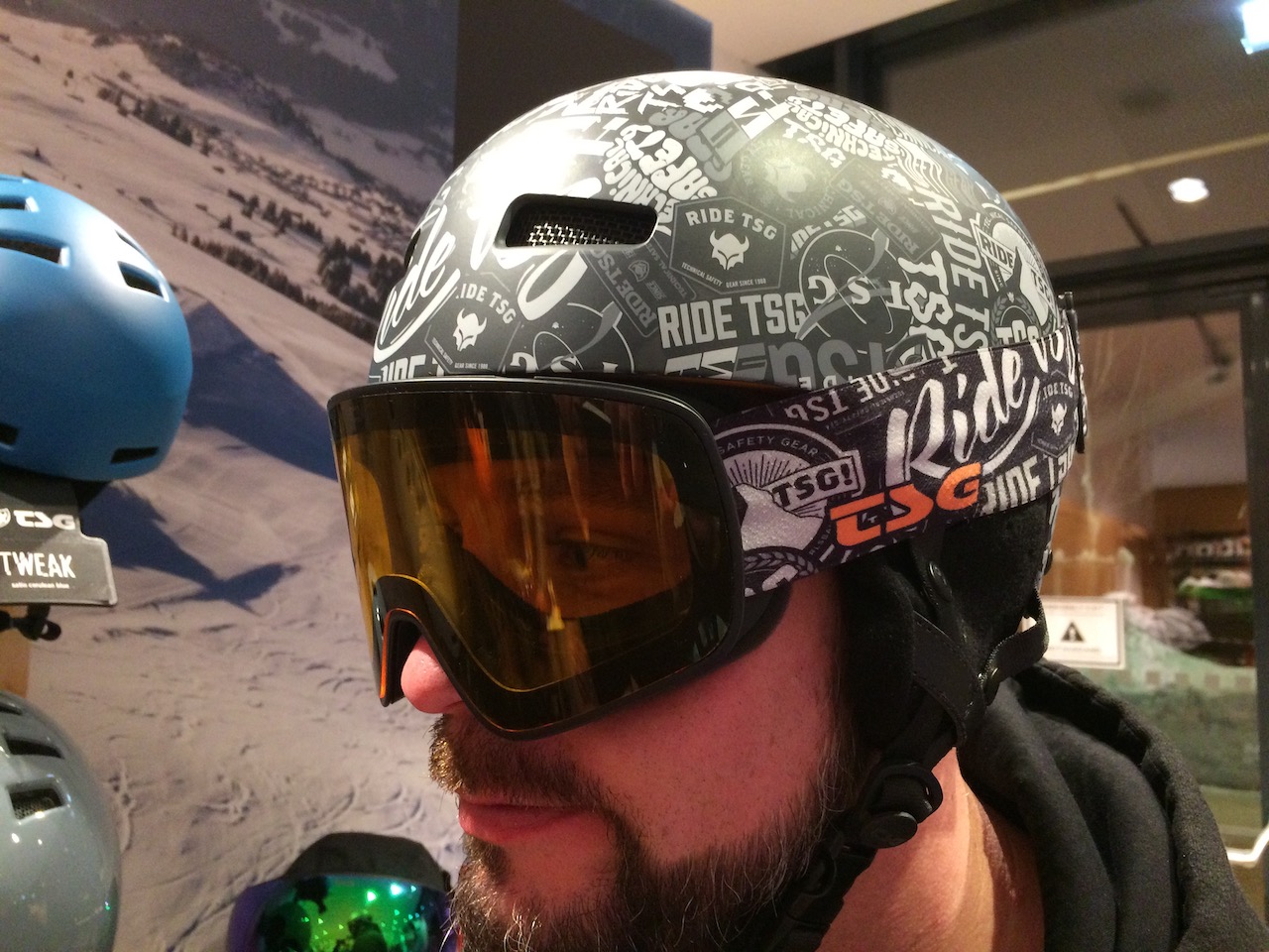 TSG’s Gravity sticker bomb helmet with all over TSG logos graphic