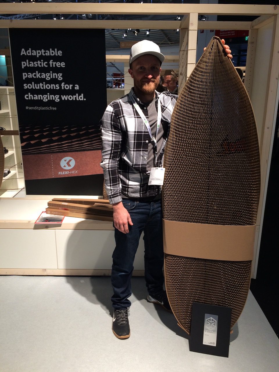 Flexi-Hex’s Sam Boex with their cardboard based packaging system for protecting and transporting boards