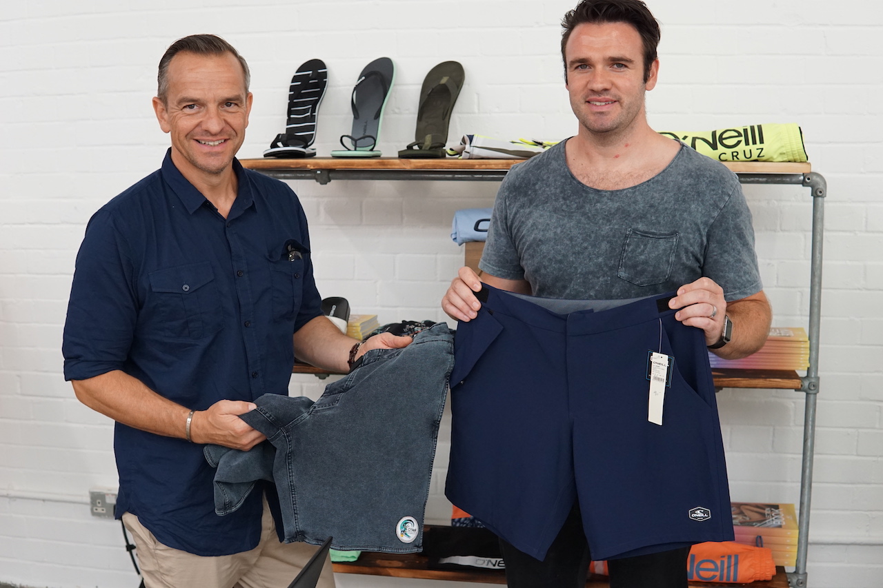 O’Neill’s Lawrence Morse and Sean Ashby with the Denim Boardshort (no-tie fly) and the Gooper with magnetic pocket for waterproof carrying