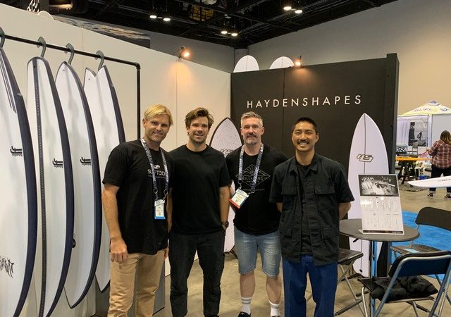 (L-R) Ryan Mahoney @ Surftech International Sales, Hayden Cox Shaper @ Haydenshapes, Gi Poudens, Director @ The Nest Distribution, Kokoro Tomatsum, Int. Brand Manager @ Haydenshapes