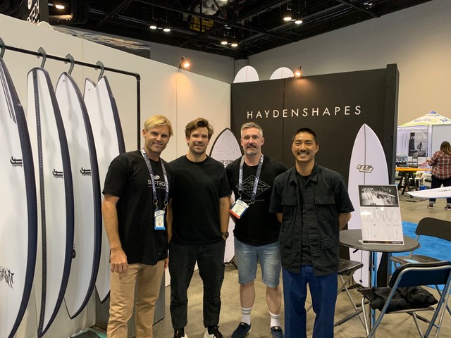 (L-R) Ryan Mahoney @ Surftech International Sales, Hayden Cox Shaper @ Haydenshapes, Gi Poudens, Director @ The Nest Distribution, Kokoro Tomatsum, Int. Brand Manager @ Haydenshapes