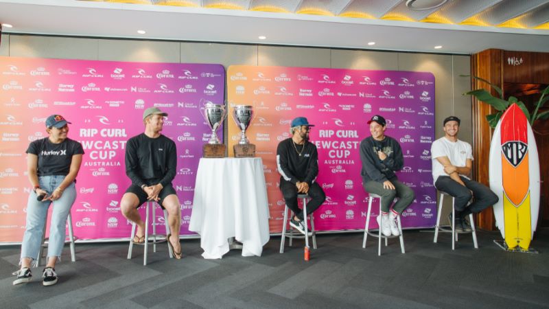 [From L_R] Carissa Moore, John John Florence, Italo Ferreira, Tyler Wright, and Ryan Collinnan at Newcastle Cup pres by Corona press conference_Credit WSL_Dunbar