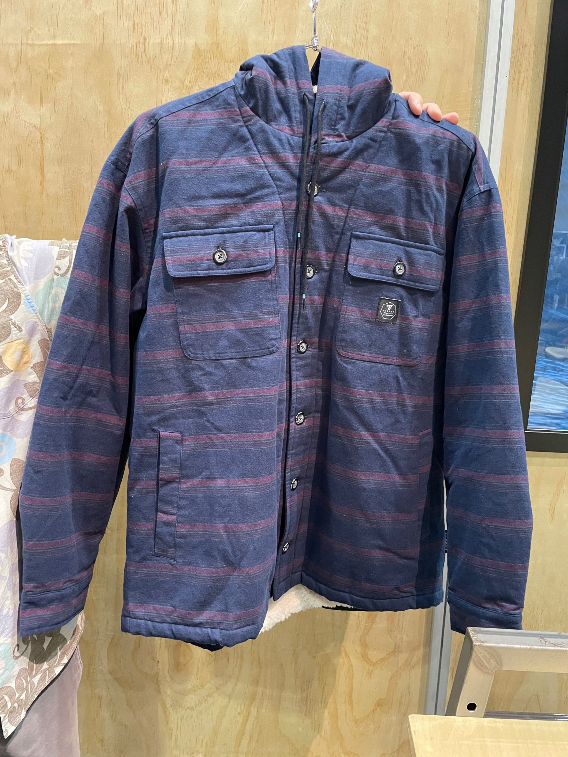 Vissla’s Button up striped sherpa lined sweatshirt jacket