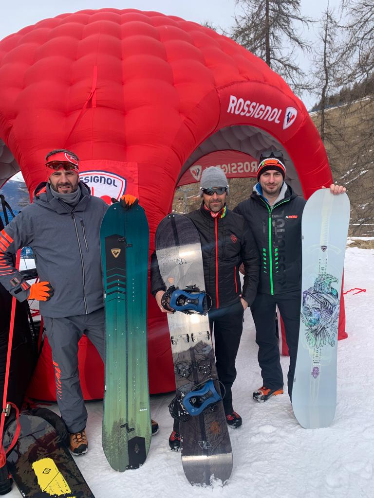 Rossignol Snowboards team from left Frederico Verna sales rep, Massimo Ramella product manager and Enrico Dolce after sales manager
