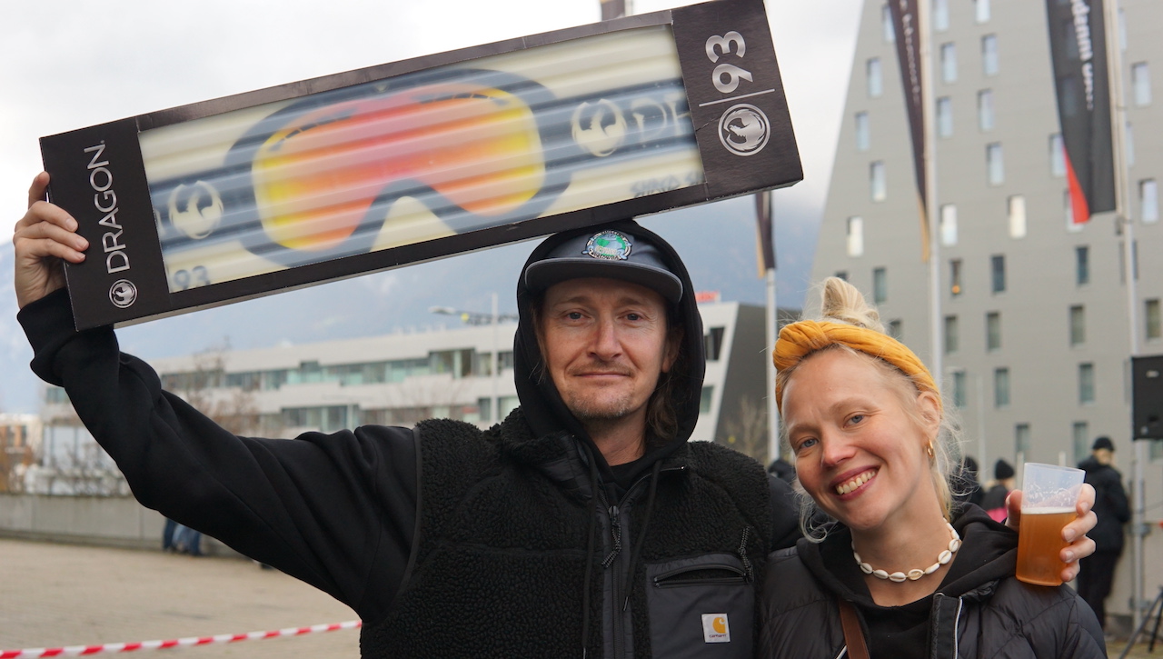 Dragon Shred Sleds collab snow skate, Dragon’s Sam Nelson and Whitelines Mag’s Stella Pentti