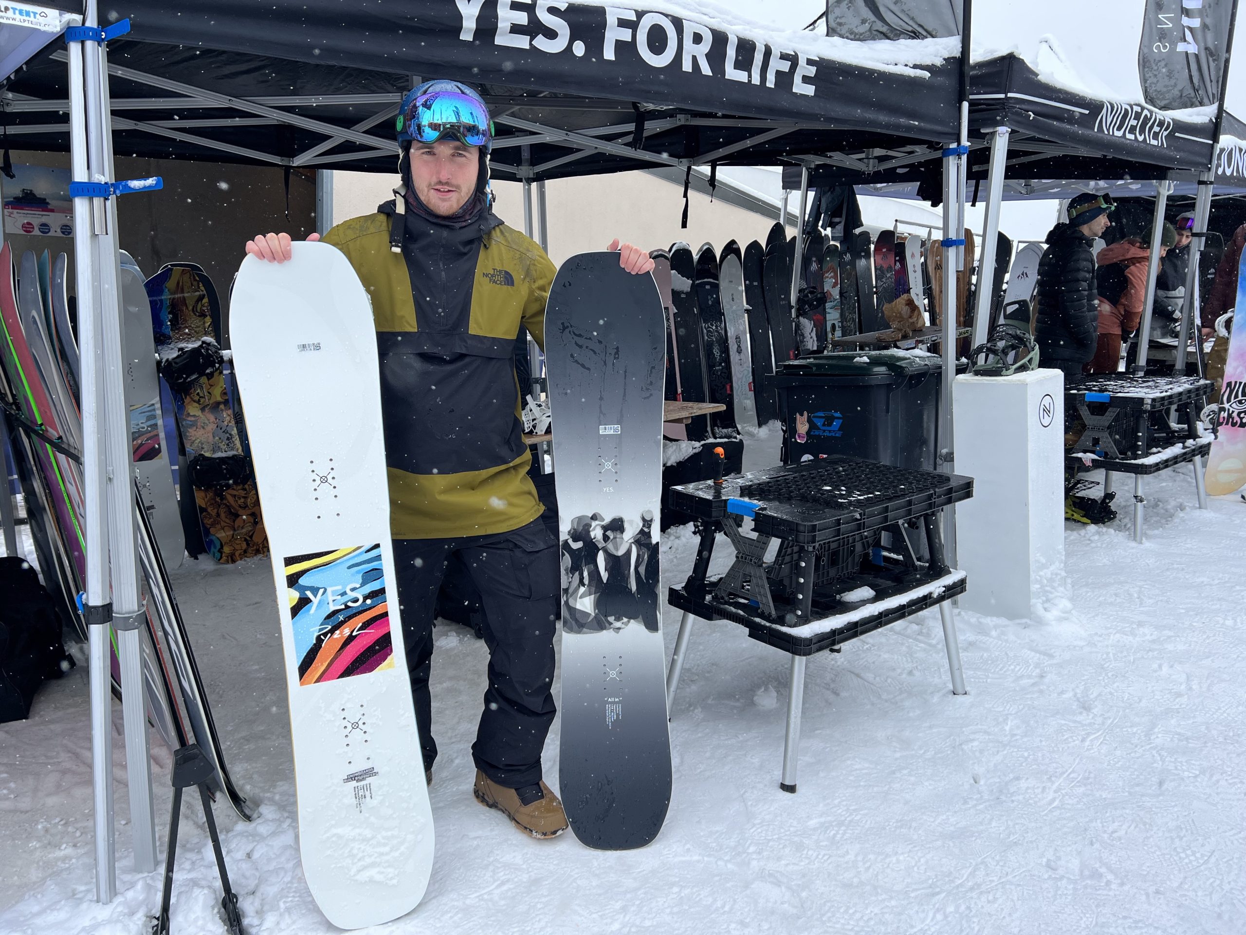 YES.’s Marc Smith with their surfboard shaper, Jon Pyzel’s collab board and the All-In, new all mountain board