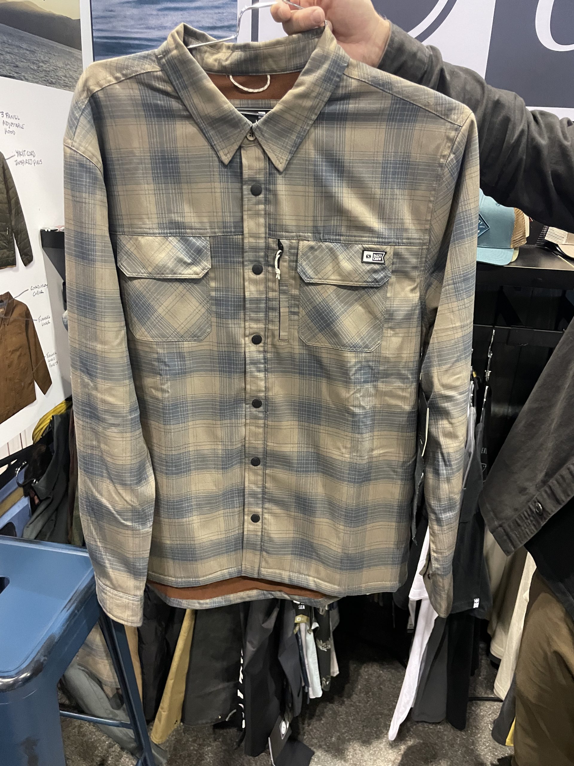 Salty Crews Tech Flannel with DWR coating for performance in wet conditions