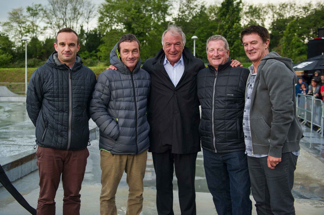 Nicolas 'Daz' Dazet (Quiksilver Marketing), Pierre Agnès (Quiksilver CEO), Peyuco Duhart (mayor of Saint Jean de Luz), Bob McKnight, Andy Mooney