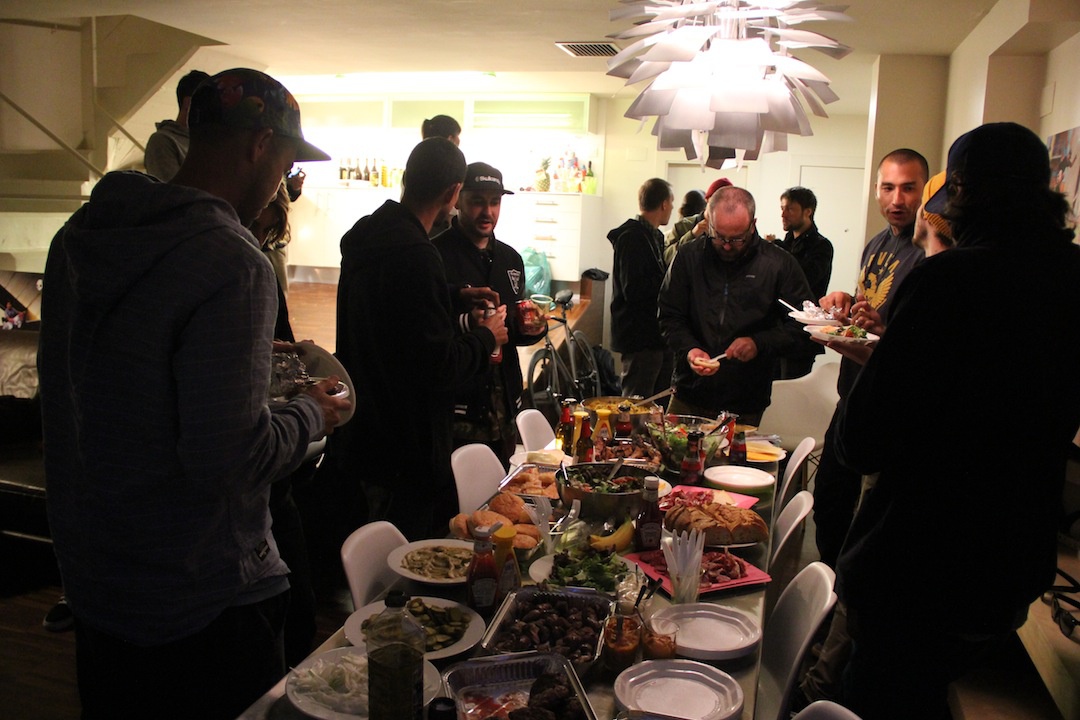 Dinner time at the Skullcandy apartment.
