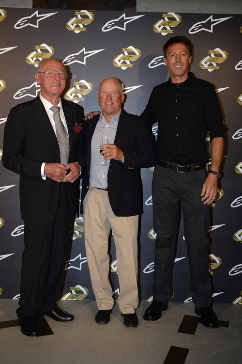 Alpinestars 50th Anniversary Company founder Sante Mazzarolo, Kenny Roberts and present company CEO Gabriele Mazzarolo